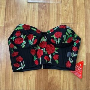ASOS Black Strapless Bustier Top with Red and Green Rose Embroidery
